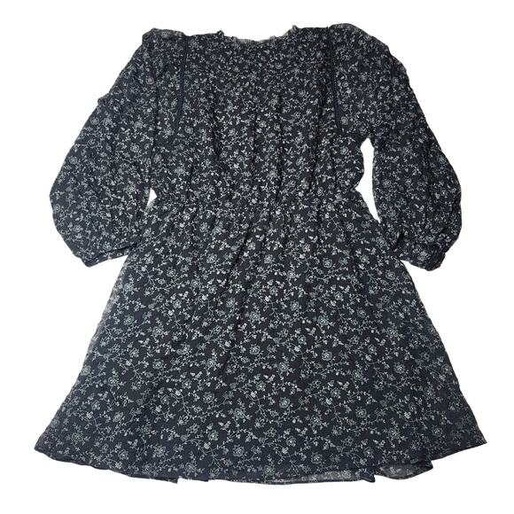 Madewell Ruffle Neck Button Front Mini Dress Dotted Vines Black Floral Medium - Picture 4 of 10